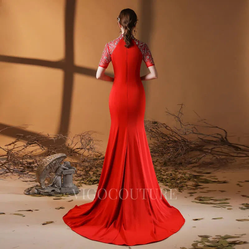 Prom Dress 2025 Satin Mermaid High Neck Prom Dress 20083-unique elegant Prom Dresses-Dark Red-US2-vigocouture