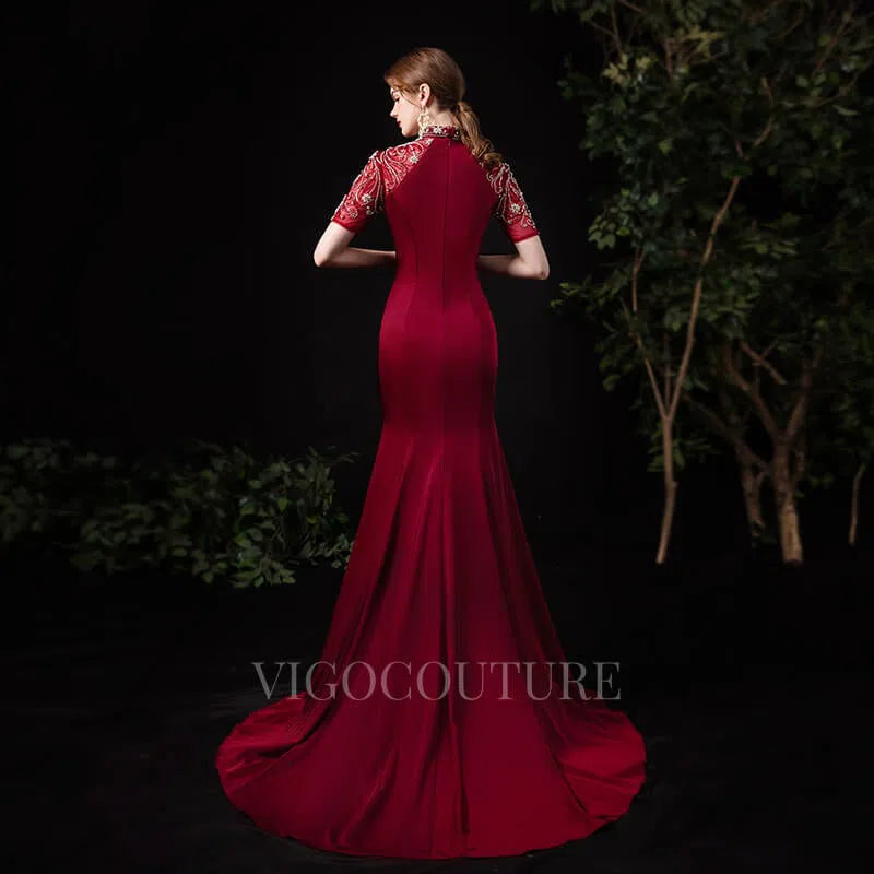 Prom Dress 2025 Satin Mermaid High Neck Prom Dress 20083-unique elegant Prom Dresses-Dark Red-US2-vigocouture