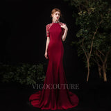 Prom Dress 2025 Satin Mermaid High Neck Prom Dress 20083-unique elegant Prom Dresses-Dark Red-US2-vigocouture