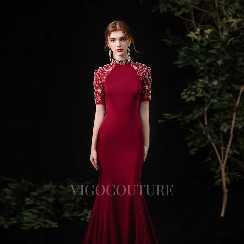 Prom Dress 2025 Satin Mermaid High Neck Prom Dress 20083-unique elegant Prom Dresses-Dark Red-US2-vigocouture