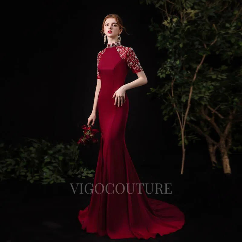 Prom Dress 2025 Satin Mermaid High Neck Prom Dress 20083-unique elegant Prom Dresses-Dark Red-US2-vigocouture