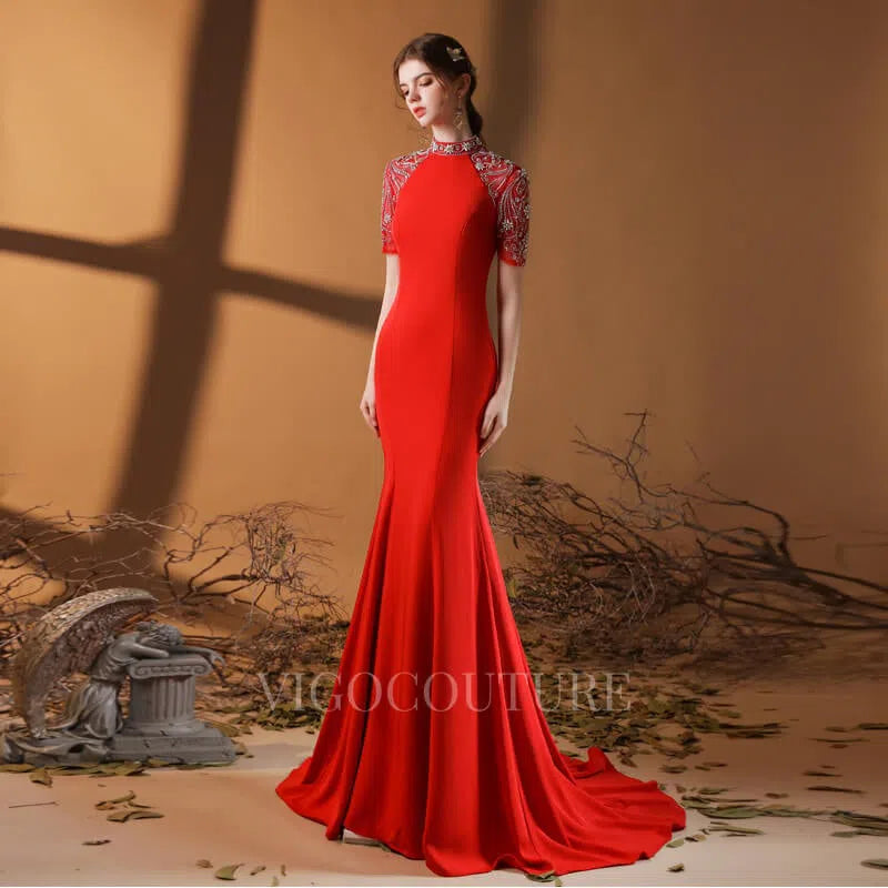 Prom Dress 2025 Satin Mermaid High Neck Prom Dress 20083-unique elegant Prom Dresses-Dark Red-US2-vigocouture