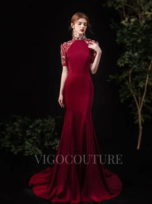 Prom Dress 2025 Satin Mermaid High Neck Prom Dress 20083-unique elegant Prom Dresses-Dark Red-US2-vigocouture