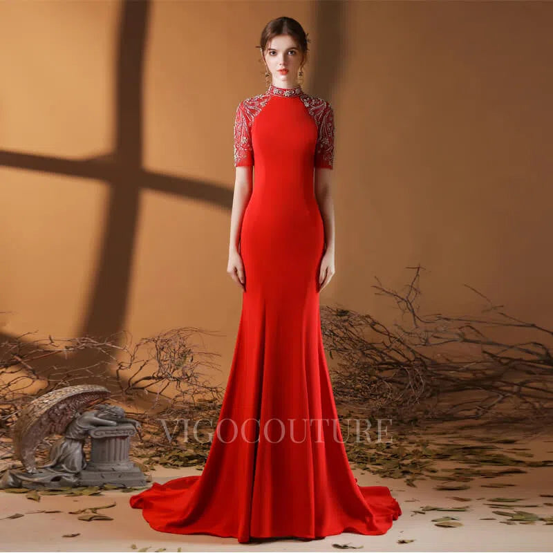 Prom Dress 2025 Satin Mermaid High Neck Prom Dress 20083-unique elegant Prom Dresses-Red-US2-vigocouture