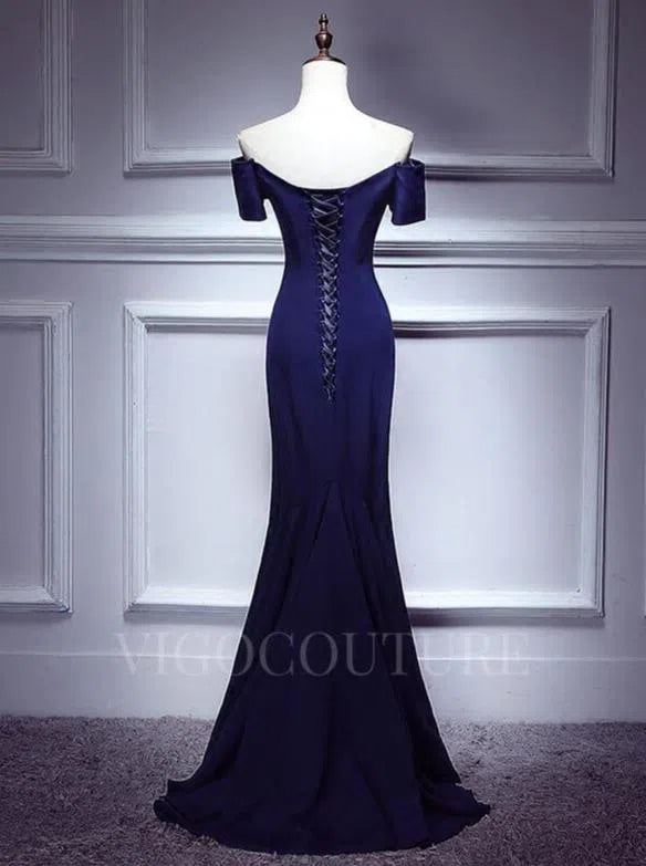 Prom Dress 2025 Satin Mermaid Prom Dress 2022 Off the Shoulder Prom Gown-unique elegant Prom Dresses-Navy Blue-US2-vigocouture