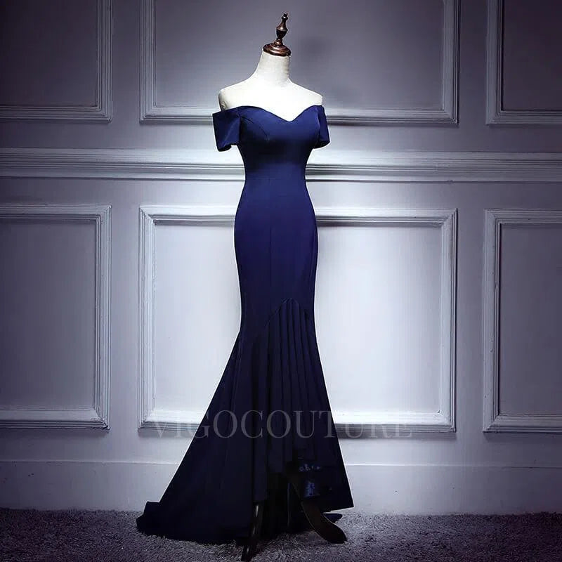 Prom Dress 2025 Satin Mermaid Prom Dress 2022 Off the Shoulder Prom Gown-unique elegant Prom Dresses-Navy Blue-US2-vigocouture