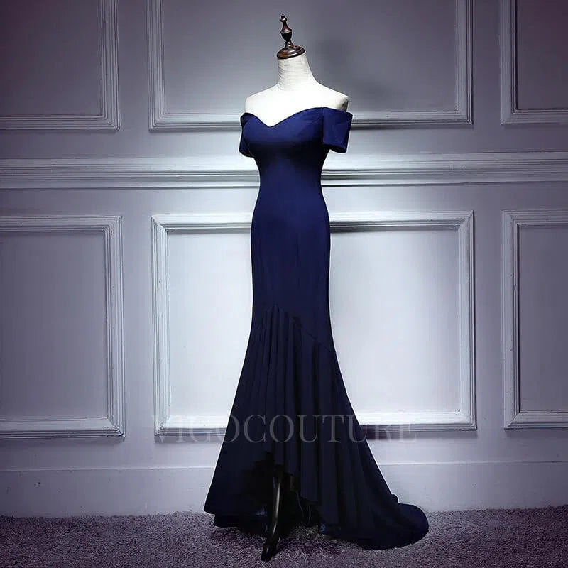 Prom Dress 2025 Satin Mermaid Prom Dress 2022 Off the Shoulder Prom Gown-unique elegant Prom Dresses-Navy Blue-US2-vigocouture