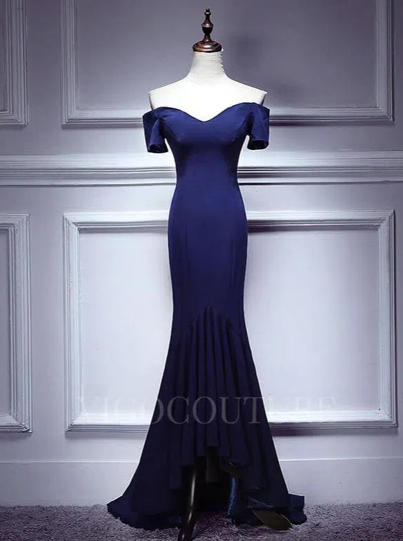 Prom Dress 2025 Satin Mermaid Prom Dress 2022 Off the Shoulder Prom Gown-unique elegant Prom Dresses-Navy Blue-US2-vigocouture