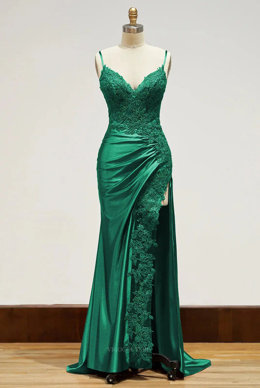 Prom Dresses 2025 to impress Satin Mermaid Prom Dresses 2025 with Spaghetti Straps, V-Neck, Lace Applique & Slit – 25100-vigocouture-Green-Custom Size-vigocouture