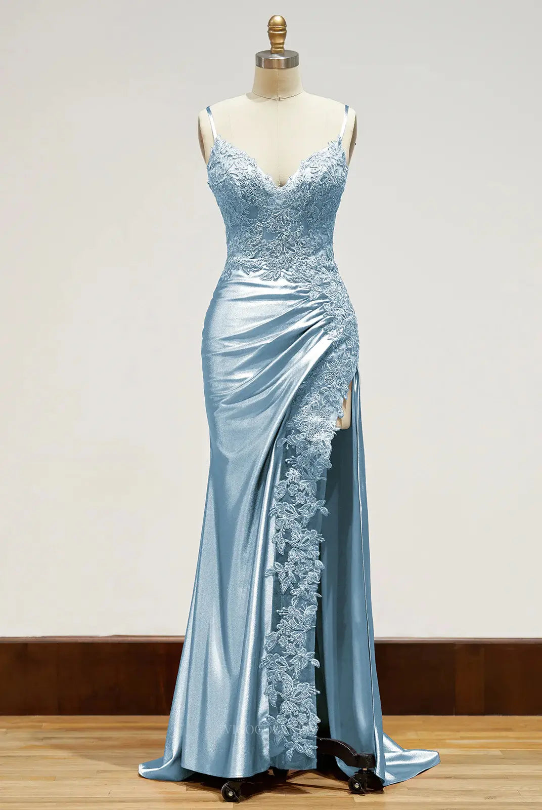 Prom Dresses 2025 to impress Satin Mermaid Prom Dresses 2025 with Spaghetti Straps, V-Neck, Lace Applique & Slit – 25100-vigocouture-Light Blue-Custom Size-vigocouture