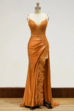 Prom Dresses 2025 to impress Satin Mermaid Prom Dresses 2025 with Spaghetti Straps, V-Neck, Lace Applique & Slit – 25100-vigocouture-Orange-Custom Size-vigocouture