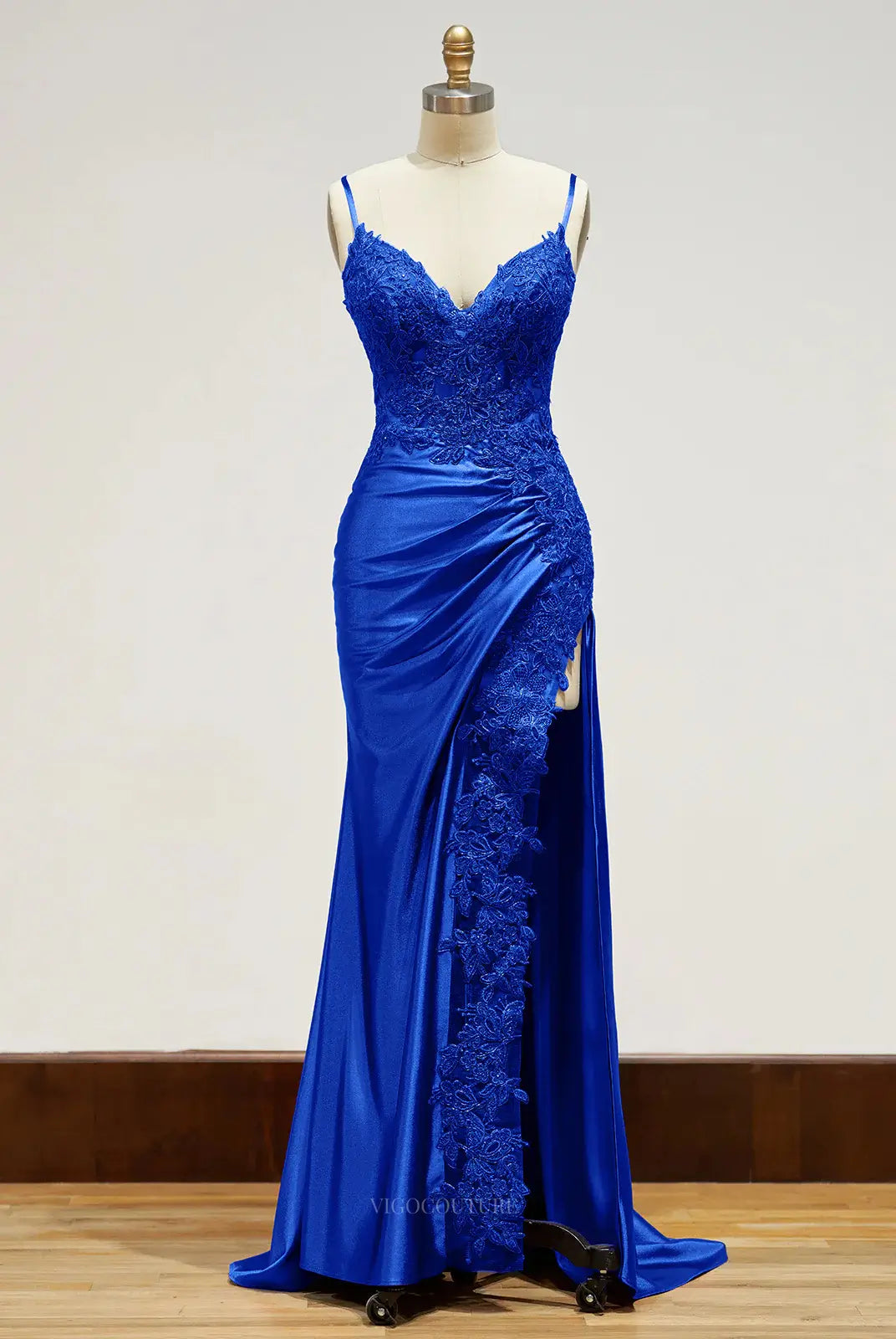 Prom Dresses 2025 to impress Satin Mermaid Prom Dresses 2025 with Spaghetti Straps, V-Neck, Lace Applique & Slit – 25100-vigocouture-Royal Blue-Custom Size-vigocouture