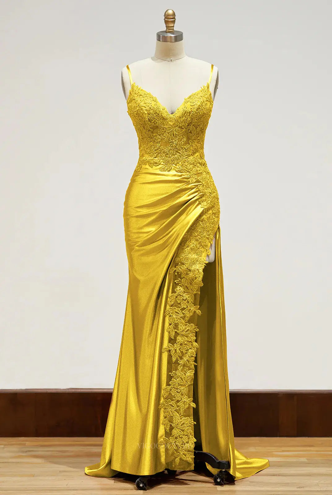 Prom Dresses 2025 to impress Satin Mermaid Prom Dresses 2025 with Spaghetti Straps, V-Neck, Lace Applique & Slit – 25100-vigocouture-Yellow-Custom Size-vigocouture