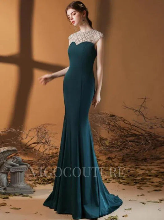 Prom Dress 2025 Satin Mermaid Prom Dresses Round Neck 20114-unique elegant Prom Dresses-Green-US2-vigocouture