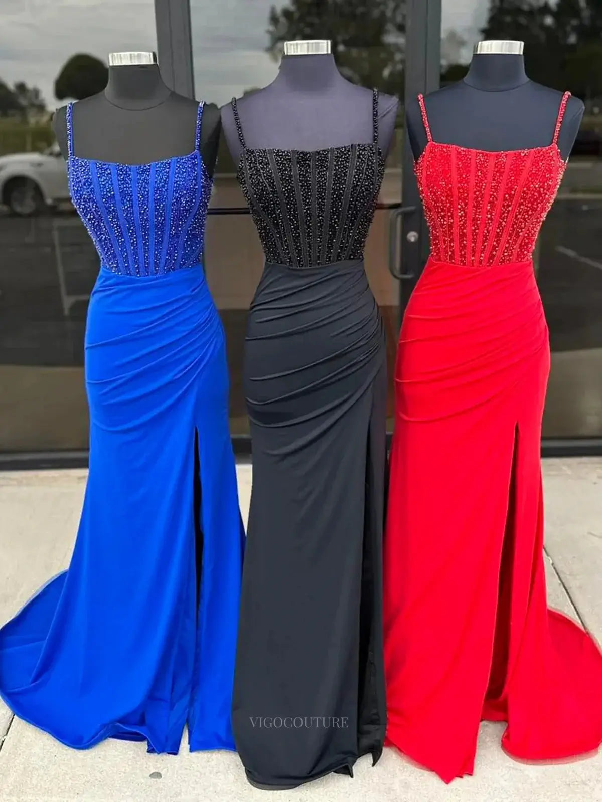 Prom Dresses 2025 to impress Satin Mermaid Prom Dresses with Slit Spaghetti Strap Beaded Boned Bodice Formal Dresses – 25155-vigocouture-vigocouture