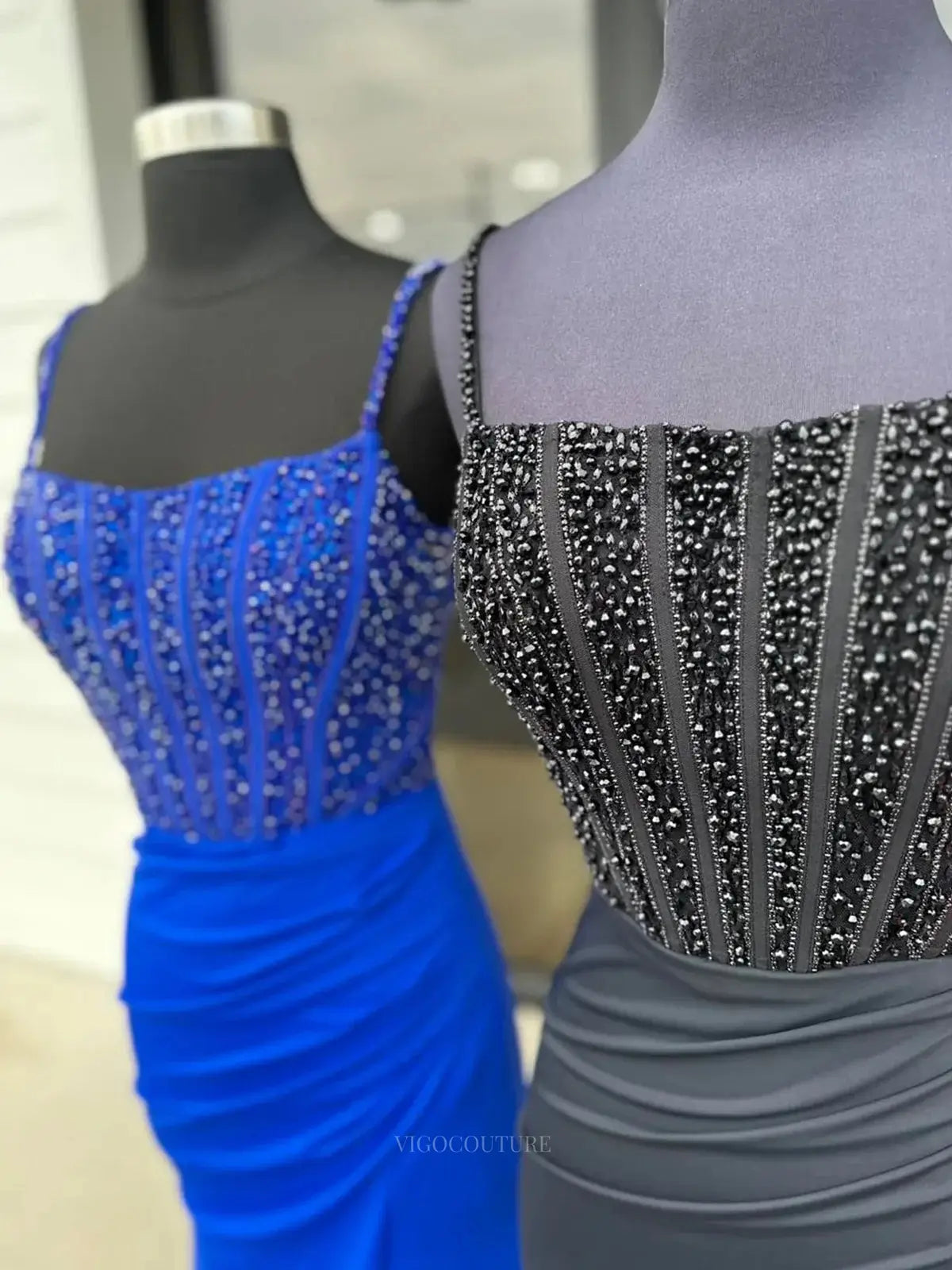 Satin Mermaid Prom Dresses with Slit Spaghetti Strap Beaded Boned Bodi vigocouture Satin Mermaid Prom Dresses with Slit Spaghetti Strap Beaded Boned Bodi vigocouture