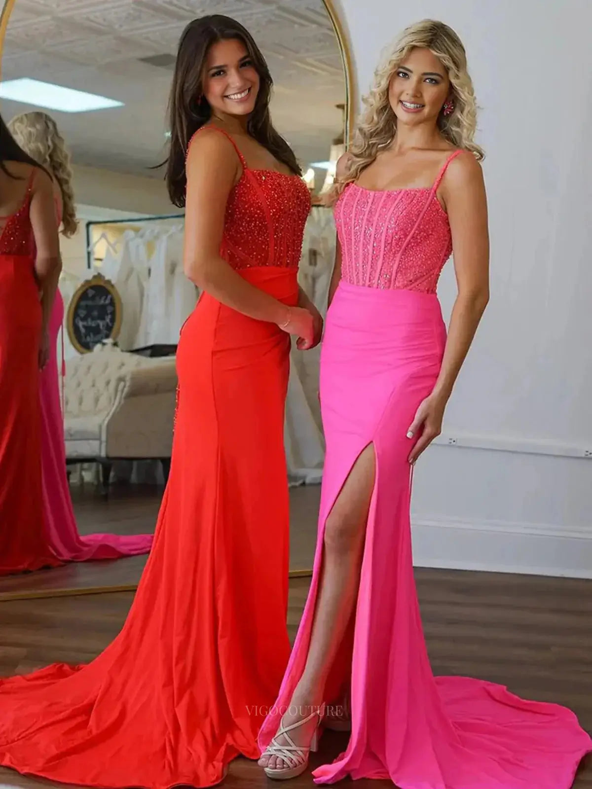 Prom Dresses 2025 to impress Satin Mermaid Prom Dresses with Slit Spaghetti Strap Beaded Boned Bodice Formal Dresses – 25155-vigocouture-vigocouture