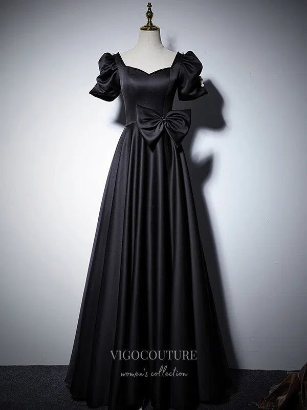 Prom Dress 2025 Satin Prom Dresses Puffed Sleeve Formal Dresses 21059-unique elegant Prom Dresses-Black-US2-vigocouture