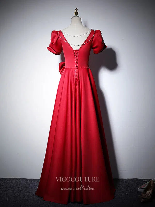 Satin Prom Dresses Puffed Sleeve Formal Dresses 21059 Red / US10 Satin Prom Dresses Puffed Sleeve Formal Dresses 21059 Red / US10