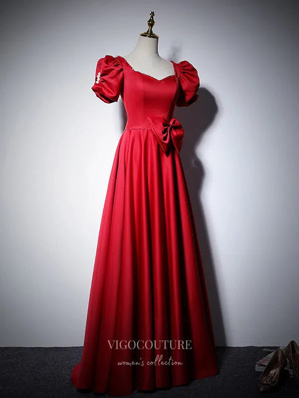 Prom Dress 2025 Satin Prom Dresses Puffed Sleeve Formal Dresses 21059-unique elegant Prom Dresses-Red-US2-vigocouture