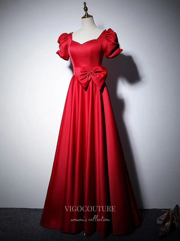 red satin puff sleeve dress Puff Sleeve Decor Buttons Red Satin Midi Christmas Dress
