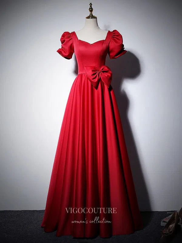 Prom Dress 2025 Satin Prom Dresses Puffed Sleeve Formal Dresses 21059-unique elegant Prom Dresses-Red-US2-vigocouture