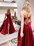 Prom Dress 2025 Satin Prom Dresses with Slit Spaghetti Strap V-Neck Evening Dress 20952-unique elegant Prom Dresses-Burgundy-US2-vigocouture