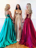 Prom Dress 2025 Satin Prom Dresses with Slit Spaghetti Strap V-Neck Evening Dress 20952-unique elegant Prom Dresses-Custom Colors-US2-vigocouture