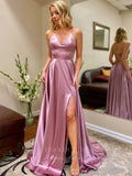 Prom Dress 2025 Satin Prom Dresses with Slit Spaghetti Strap V-Neck Evening Dress 20952-unique elegant Prom Dresses-Pink-US2-vigocouture