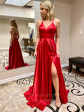 Prom Dress 2025 Satin Prom Dresses with Slit Spaghetti Strap V-Neck Evening Dress 20952-unique elegant Prom Dresses-Red-US2-vigocouture