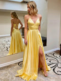 Prom Dress 2025 Satin Prom Dresses with Slit Spaghetti Strap V-Neck Evening Dress 20952-unique elegant Prom Dresses-Yellow-US2-vigocouture