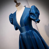 Prom Dress 2025 Satin Puffed Sleeve Prom Dress 2022 Plunging V-Neck 20329-unique elegant Prom Dresses-Navy Blue-US2-vigocouture