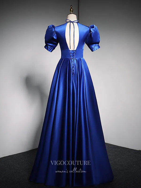 Prom Dress 2025 Satin Puffed Sleeve Prom Dress 2022 Plunging V-Neck 20329-unique elegant Prom Dresses-Navy Blue-US2-vigocouture