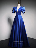 Prom Dress 2025 Satin Puffed Sleeve Prom Dress 2022 Plunging V-Neck 20329-unique elegant Prom Dresses-Navy Blue-US2-vigocouture