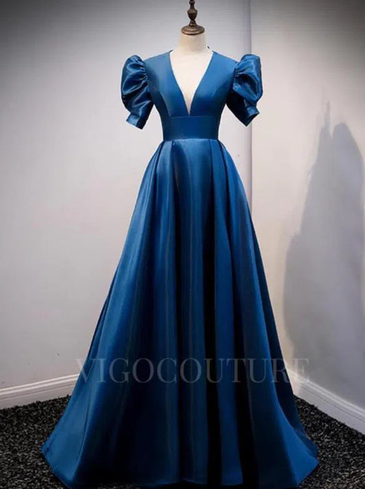 Prom Dress 2025 Satin Puffed Sleeve Prom Dress 2022 Plunging V-Neck 20329-unique elegant Prom Dresses-Navy Blue-US2-vigocouture