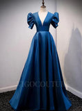 Satin Puffed Sleeve Prom Dress 2022 Plunging V-Neck 20329