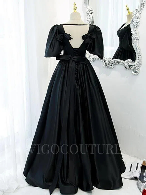 Prom Dress 2025 Satin Puffed Sleeve Prom Dress 2022 V-Neck 20346-unique elegant Prom Dresses-Black-US2-vigocouture