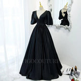 Prom Dress 2025 Satin Puffed Sleeve Prom Dress 2022 V-Neck 20346-unique elegant Prom Dresses-Black-US2-vigocouture