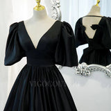 Prom Dress 2025 Satin Puffed Sleeve Prom Dress 2022 V-Neck 20346-unique elegant Prom Dresses-Black-US2-vigocouture