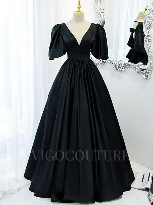 Prom Dress 2025 Satin Puffed Sleeve Prom Dress 2022 V-Neck 20346-unique elegant Prom Dresses-Black-US2-vigocouture