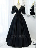 Prom Dress 2025 Satin Puffed Sleeve Prom Dress 2022 V-Neck 20346-unique elegant Prom Dresses-Black-US2-vigocouture