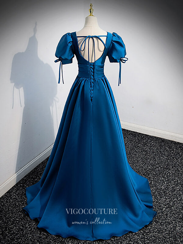 prom dresses victorian Satin Puffed Sleeve Prom Dress Plunging V-Neck Formal Dresses 21330 Custom Colors / US16