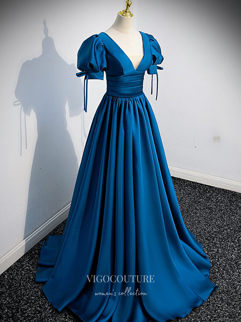 puffy blue dress Satin Puffed Sleeve Prom Dress Plunging V-Neck Formal Dresses 21330 Custom Colors / US16