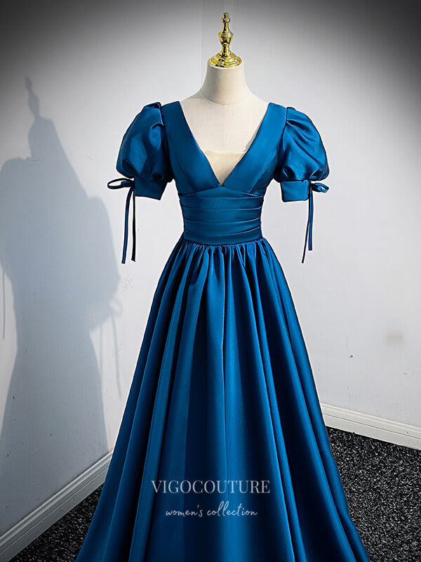 Prom Dress 2025 Satin Puffed Sleeve Prom Dress Plunging V-Neck Formal Dresses 21330-unique elegant Prom Dresses-Blue-US2-vigocouture