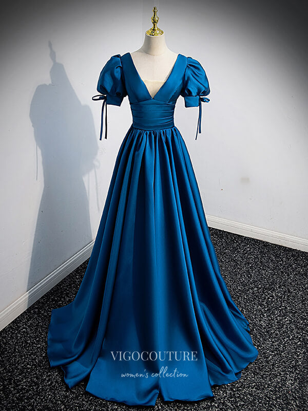 Prom Dress 2025 Satin Puffed Sleeve Prom Dress Plunging V-Neck Formal Dresses 21330-unique elegant Prom Dresses-Blue-US2-vigocouture