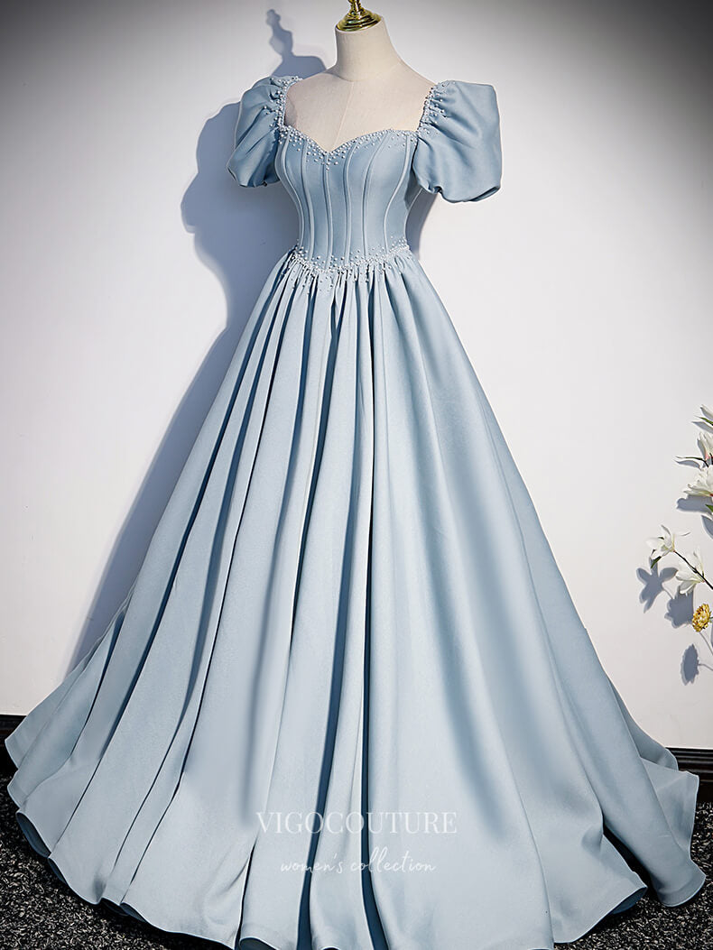 Prom Dress 2025 Satin Puffed Sleeve Prom Dress Sweetheart Neck Formal Dresses 21339-unique elegant Prom Dresses-Light Blue-US2-vigocouture