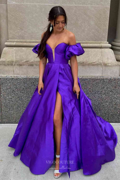 Prom Dress 2025 Satin Removable Puffed Sleeve Prom Dresses 2024 with Pockets and Slit 24235-unique elegant Prom Dresses-Purple-Custom Size-vigocouture