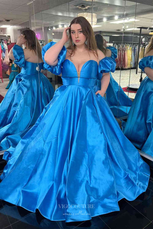 Prom Dress 2025 Satin Removable Puffed Sleeve Prom Dresses 2024 with Pockets and Slit 24235-unique elegant Prom Dresses-Blue-Custom Size-vigocouture