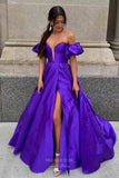 Prom Dress 2025 Satin Removable Puffed Sleeve Prom Dresses 2024 with Pockets and Slit 24235-unique elegant Prom Dresses-Purple-Custom Size-vigocouture