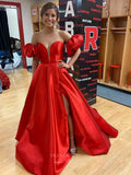 Prom Dress 2025 Satin Removable Puffed Sleeve Prom Dresses 2024 with Pockets and Slit 24235-unique elegant Prom Dresses-Red-Custom Size-vigocouture